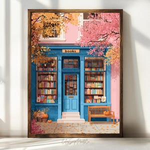 Autumn Bookstore Print Fall Bookshop Print Autumn Reading Art Print Halloween Bookshop Booklover Gift Bibliophile Book art Pinkoween Decor