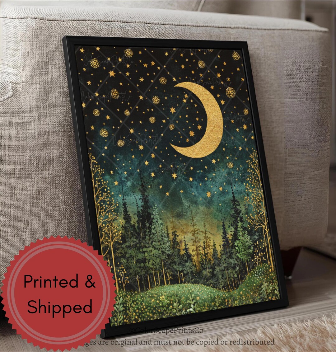 Moon and Stars Wall Art Dark Forest Painting Pine Trees Framed Print ...