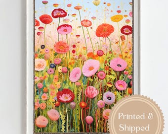 Quadro da parete con prato fiorito colorato, stampa di un campo floreale luminoso, dipinto botanico stravagante, decorazione floreale primaverile, poster in stile cottagecore