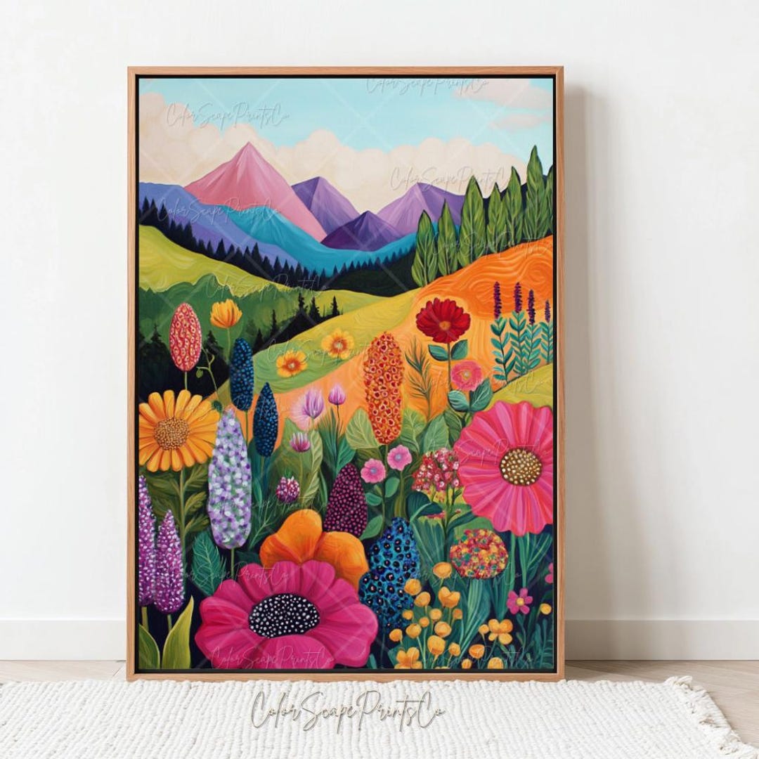 Colorful Wildflower Mountain Wall Art Whimsical Garden Painting ...