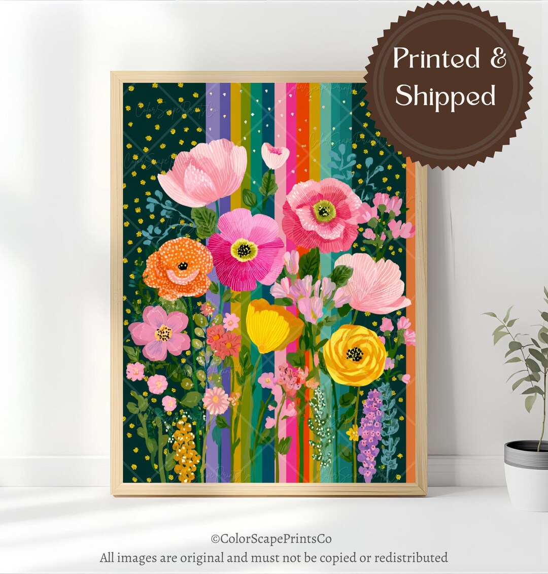 Colorful Floral Wall Art Canvas Print, Bright Rainbow Stripe Flower ...
