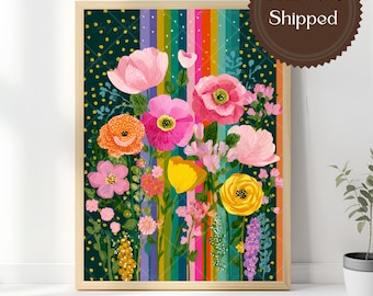 Stampa su tela con motivi floreali colorati, poster floreale a righe arcobaleno brillanti, decorazione botanica massimalista, arte moderna e stravagante per il soggiorno.