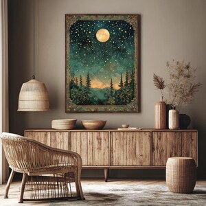 Moon and Stars Wall Art Dark Forest Painting Enchanted Forest Decor ...