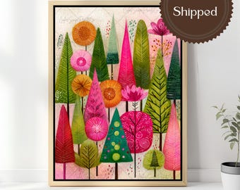 Colorful Whimsical Botanical Wall Art Canvas Pink Green Floral Forest Painting Maximalist Living Room Decor Boho Eclectic Nursery Artwork