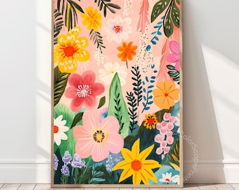 Arte murale da giardino botanico boho, stampa floreale di fiori selvatici colorati, illustrazione di fiori con foglie tropicali, arredamento botanico massimalista
