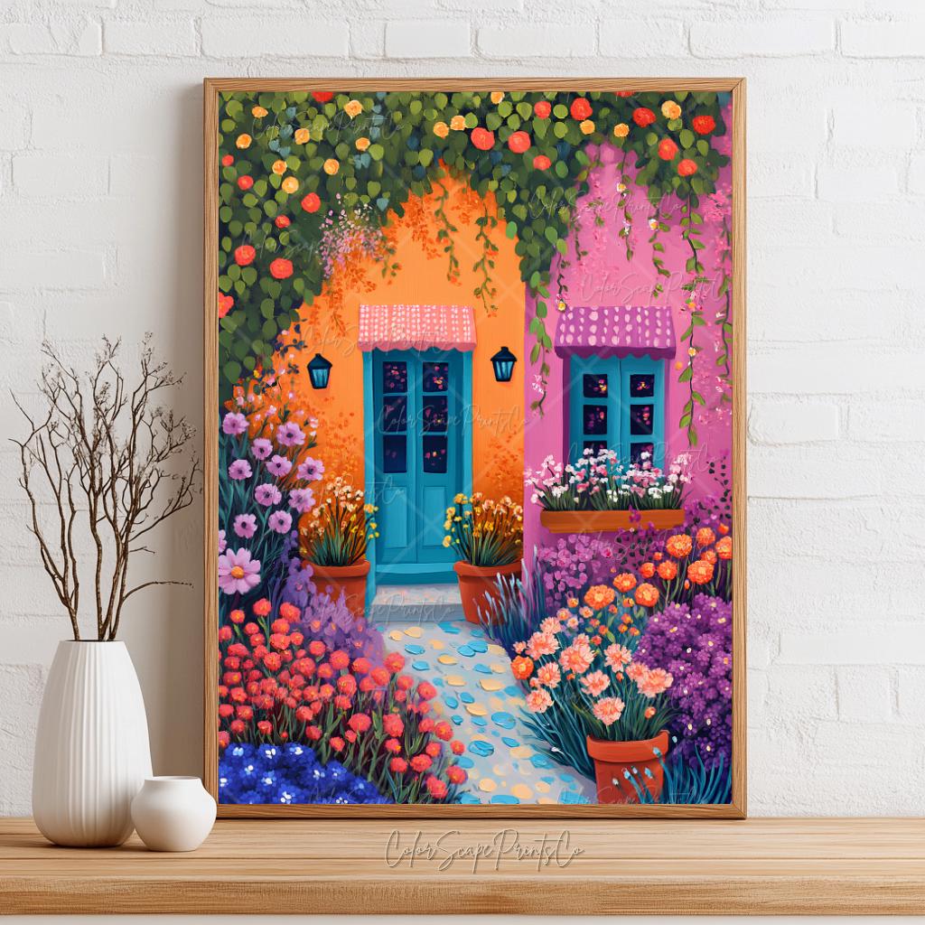 Flower Garden Illustration Colorful House Wall Art Vibrant Garden