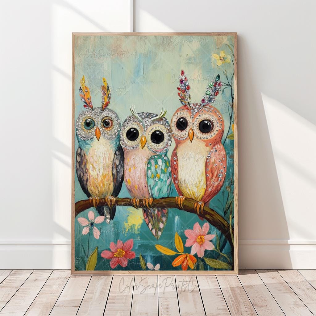 Owl Painting Spring Animal Print Colorful Owl Print Whimsical Nature Print Forest Animal Spring Nurs