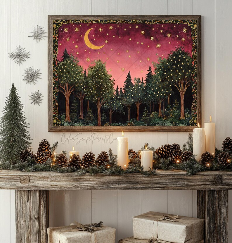 Moon and Stars Wall Art Enchanted Forest Firefly Painting Enchanted ...