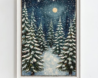 Puede incluir: Pintura enmarcada de un paisaje invernal con abetos nevados bajo un cielo estrellado y una luna llena. La obra presenta un camino entre los árboles, enmarcada en blanco.