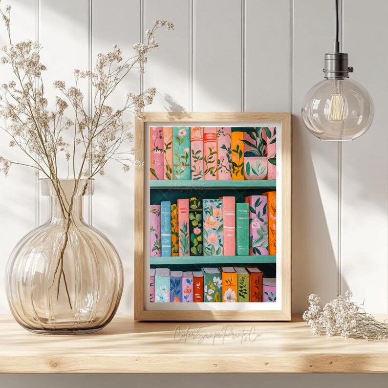 Whimsical Bookshelf Print Pink Bookstore Wall Art Book Stack Painting ...