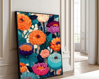 Poster floreale in stile Mid-Century Modern, stampa botanica audace, decorazione murale floreale boho colorata, arte per soggiorno, tela incorniciata eclettica