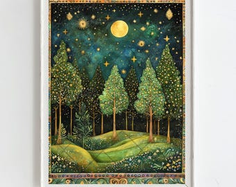 Impresión de bosque de pinos iluminado por la luna, arte mural de luna y estrellas, pintura de bosque oscuro, impresión de paisaje vintage, arte mural de noche encantada, verde oscuro y dorado