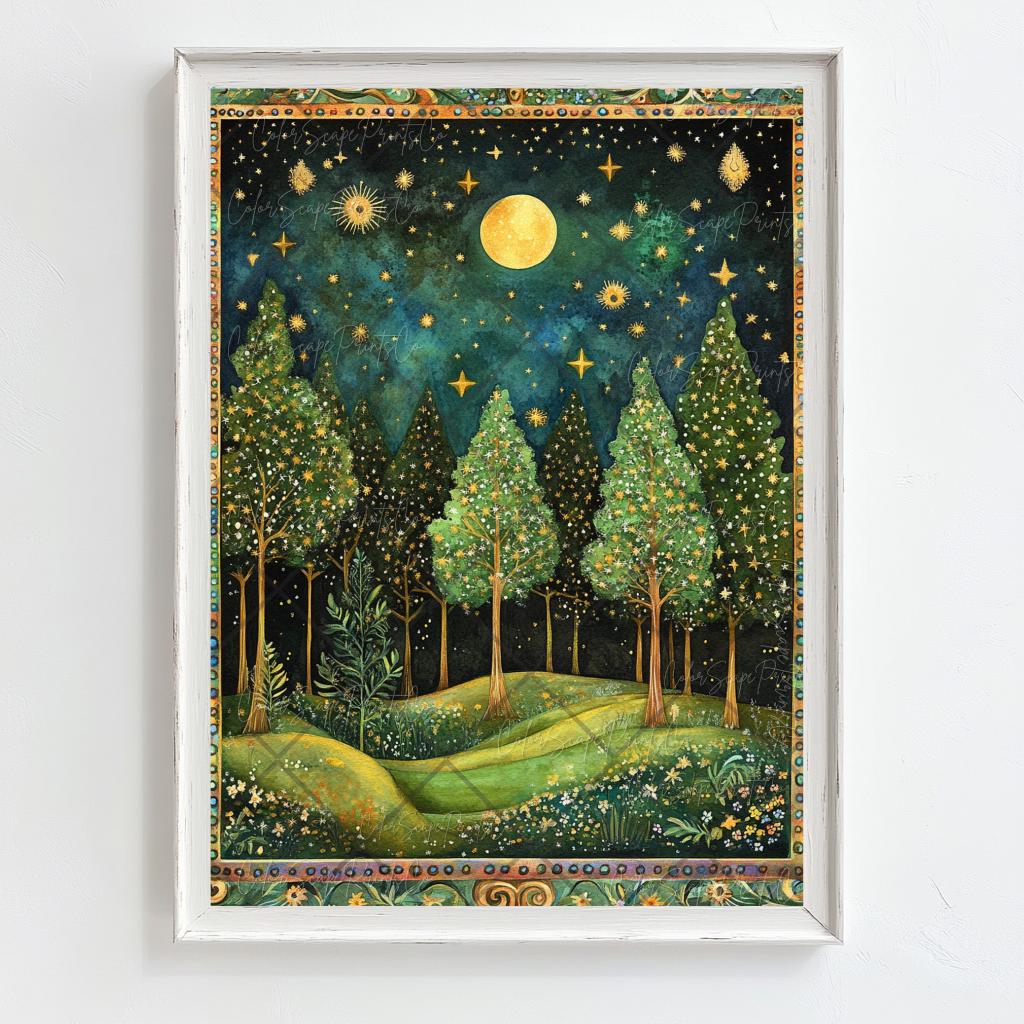 Moonlit Pine Tree Forest Print Moon and Stars Wall Art Dark Forest