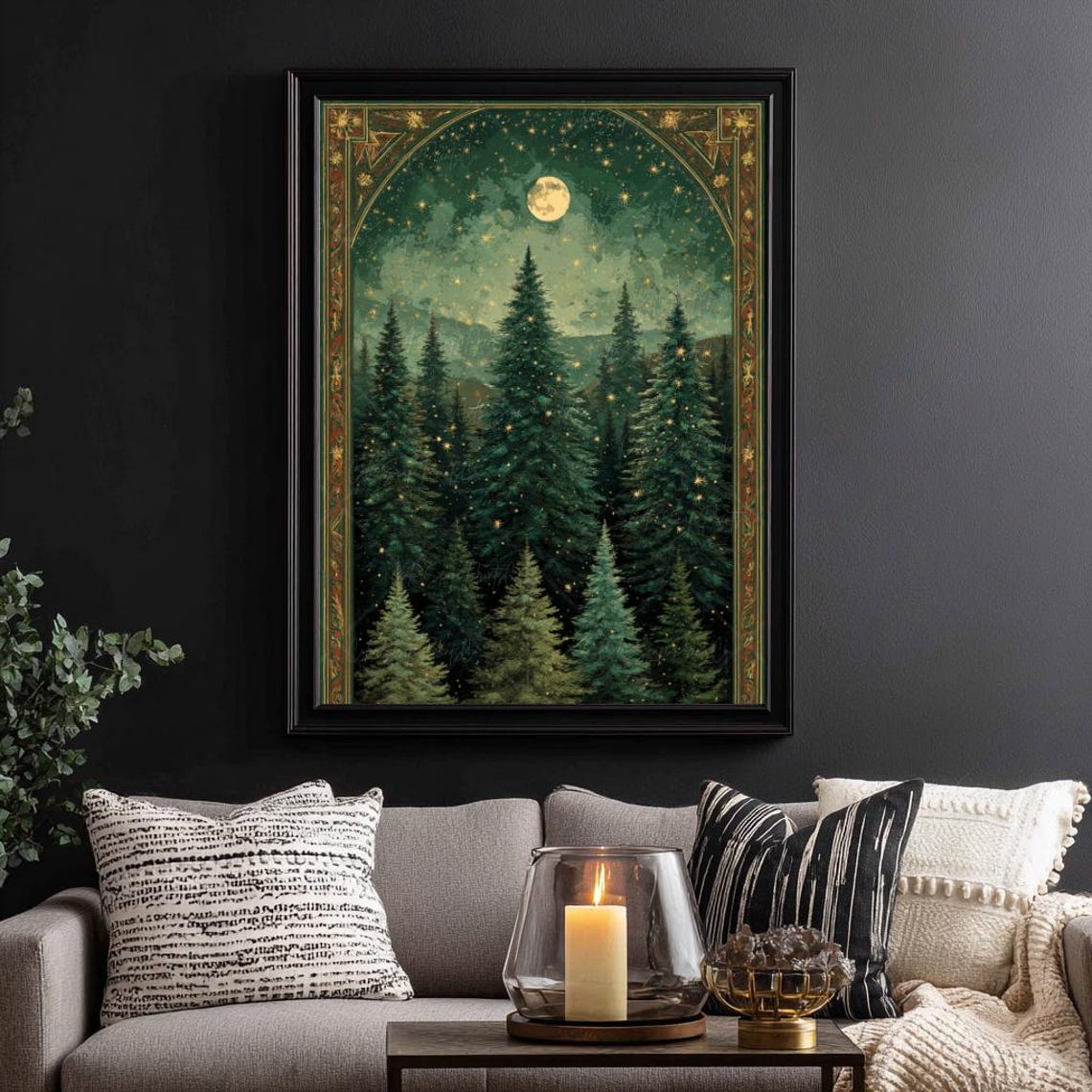 Moon and Stars Wall Art Dark Forest Painting Pine Trees Framed Print ...