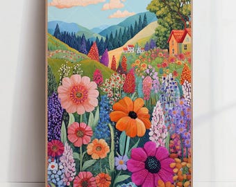 Whimsical Cottage Garden Print, Floral Mountain Landscape (Digital Download)