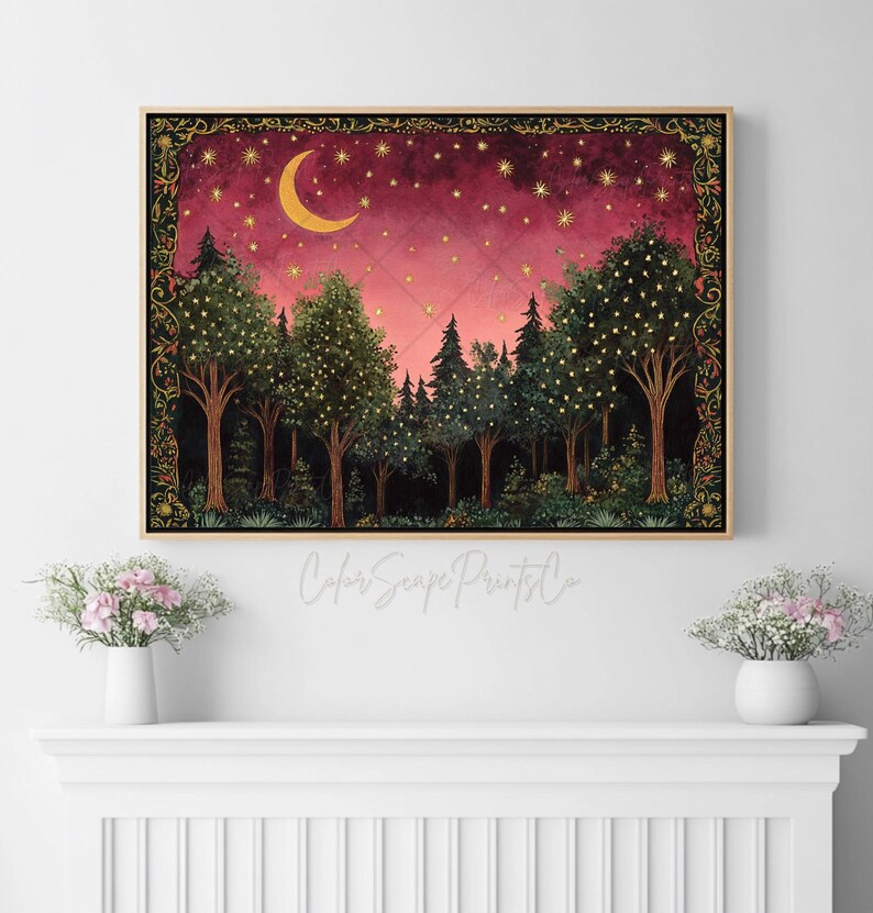 Moon and Stars Wall Art Enchanted Forest Firefly Painting Enchanted ...