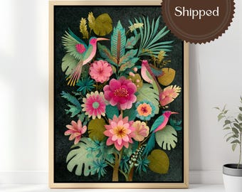Dark Moody Botanical Bird Wall Art Canvas Print Tropical Floral Painting Pink Flower Maximalist Decor Vintage Nature Living Room Artwork