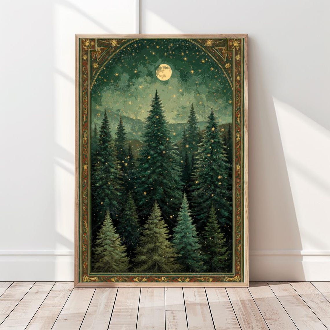 Moon and Stars Wall Art Dark Forest Painting Pine Trees Framed Print ...