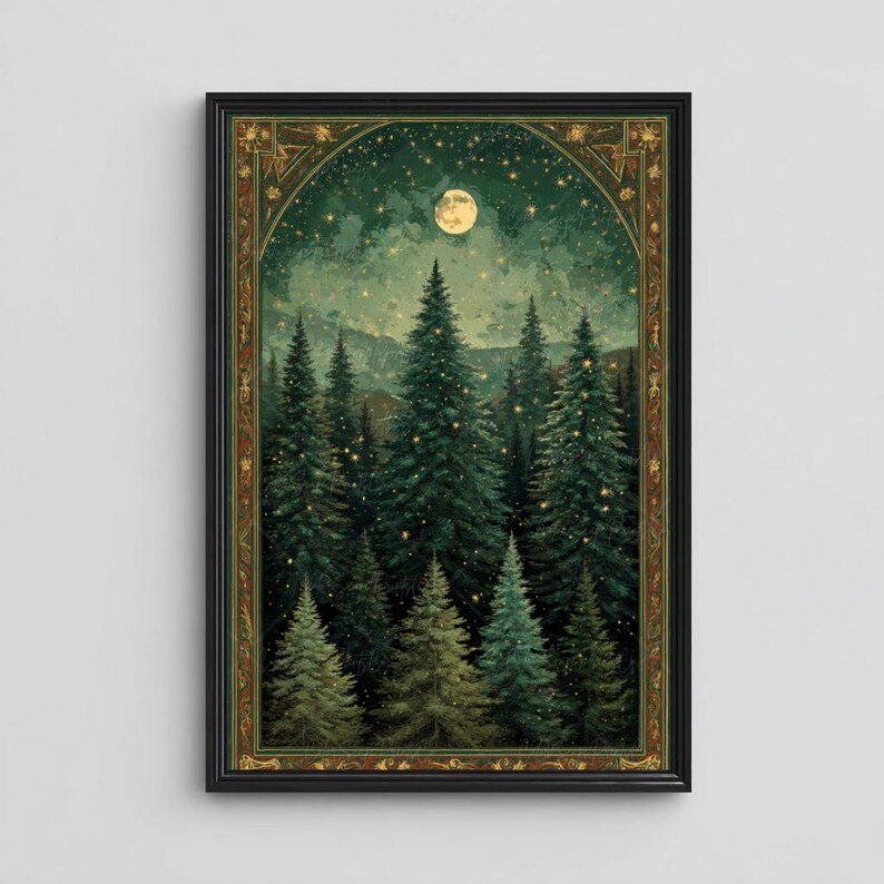 Moon and Stars Wall Art Dark Forest Painting Pine Trees Framed Print ...