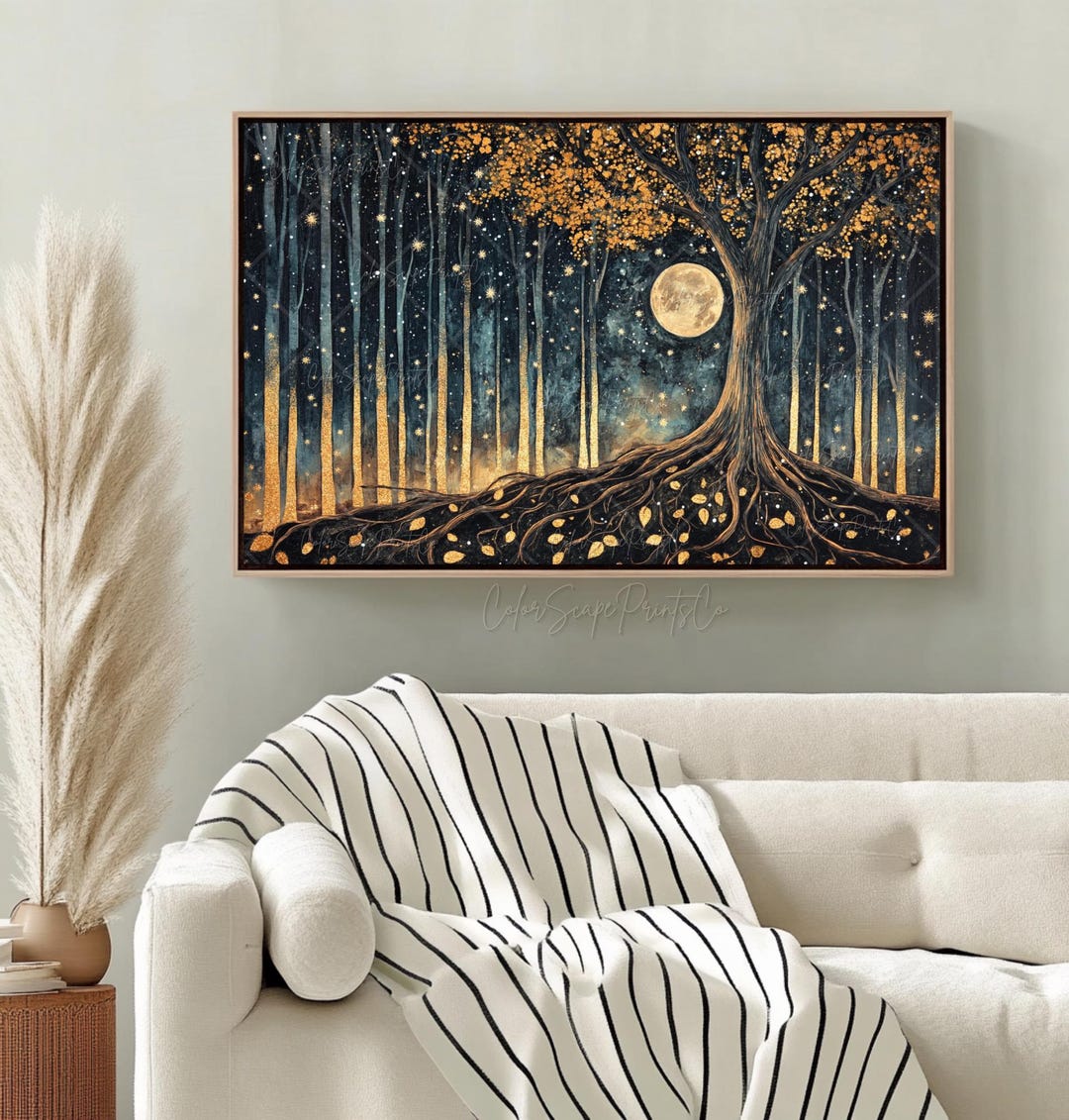Enchanted Dark Forest Framed Canvas Moon and Stars Wall Art Firefly ...