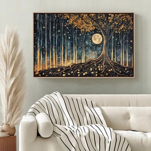 Verzauberter dunkler Wald gerahmte Leinwand Mond und Sterne Wand Kunst Firefly Wald Druck Mondnacht Landschaft William Morris Poster Gold Blau Kunst