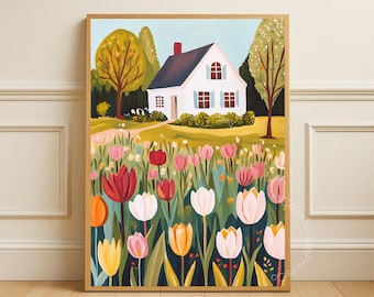 Stampa di una casa con giardino di tulipani stravagante, stampa di cottage Cottagecore, download digitale di paesaggi primaverili di arte popolare, decorazioni per cottage per bambini