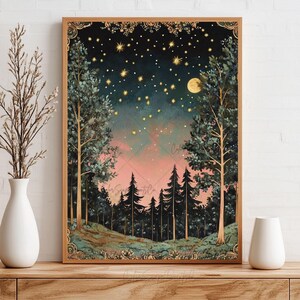 Może przedstawiać: Cyfrowy obraz przedstawiający nocną scenę leśną z pełnią księżyca i gwiazdami na niebie. Drzewa są ciemnozielone, a niebo ma gradient od r&oacute;żowego, przez niebieski, po czarny.