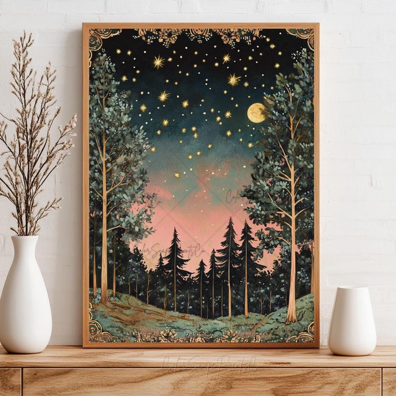 Może przedstawiać: Cyfrowy obraz przedstawiający nocną scenę leśną z pełnią księżyca i gwiazdami na niebie. Drzewa są ciemnozielone, a niebo ma gradient od r&oacute;żowego, przez niebieski, po czarny.