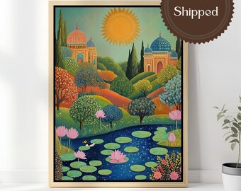 Persian Garden Wall Art Whimsical Lotus Pond Painting Colorful Mughal Palace Canvas Bright Boho Landscape Print Maximalist Living Room Art