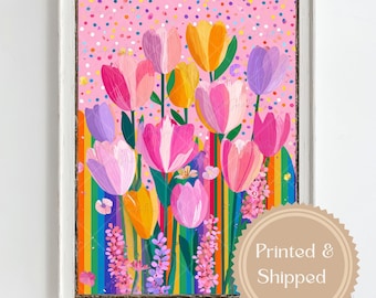 Arte murale con tulipani colorati, stampa di fiori primaverili arcobaleno, decorazione murale floreale rosa per la cameretta dei bambini, arte botanica luminosa per la cameretta dei bambini, stampa di un giardino stravagante