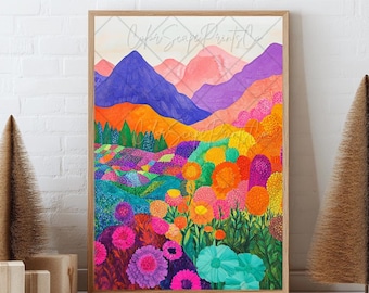 Impresión de paisaje caprichoso, arte abstracto de montaña, arte mural colorido, arte mural de montaña con flores silvestres, paisaje vibrante, arte paisajístico maximalista