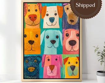 Colorful Dog Wall Art Canvas Cute Funny Puppy Pop Art Print Nursery Playroom Pet Lover Decor Whimsical Animal Painting Retro Dog Portrait