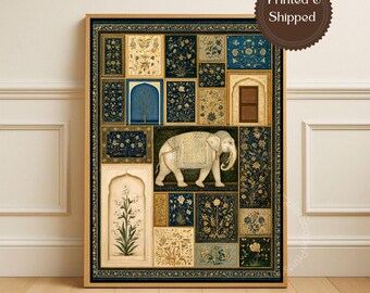 Mughal Botanical Elephant Canvas Wall Art Blue Gold Maximalist Indian Palace Decor Traditional Indian Textile Art Indian Wall Art Print