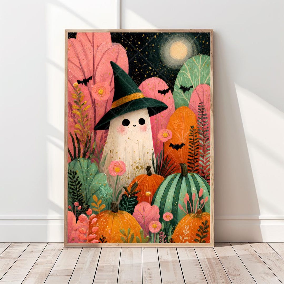 Cute Ghost Printable Wall Art Ghost in Pumpkin Field Print Colorful ...