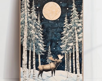 Christmas Moose Printable Christmas Wall Art Snowy Winter Landscape Snowy Pine Forest Print Starry Night Sky Moose Wall Art Winter Woodland