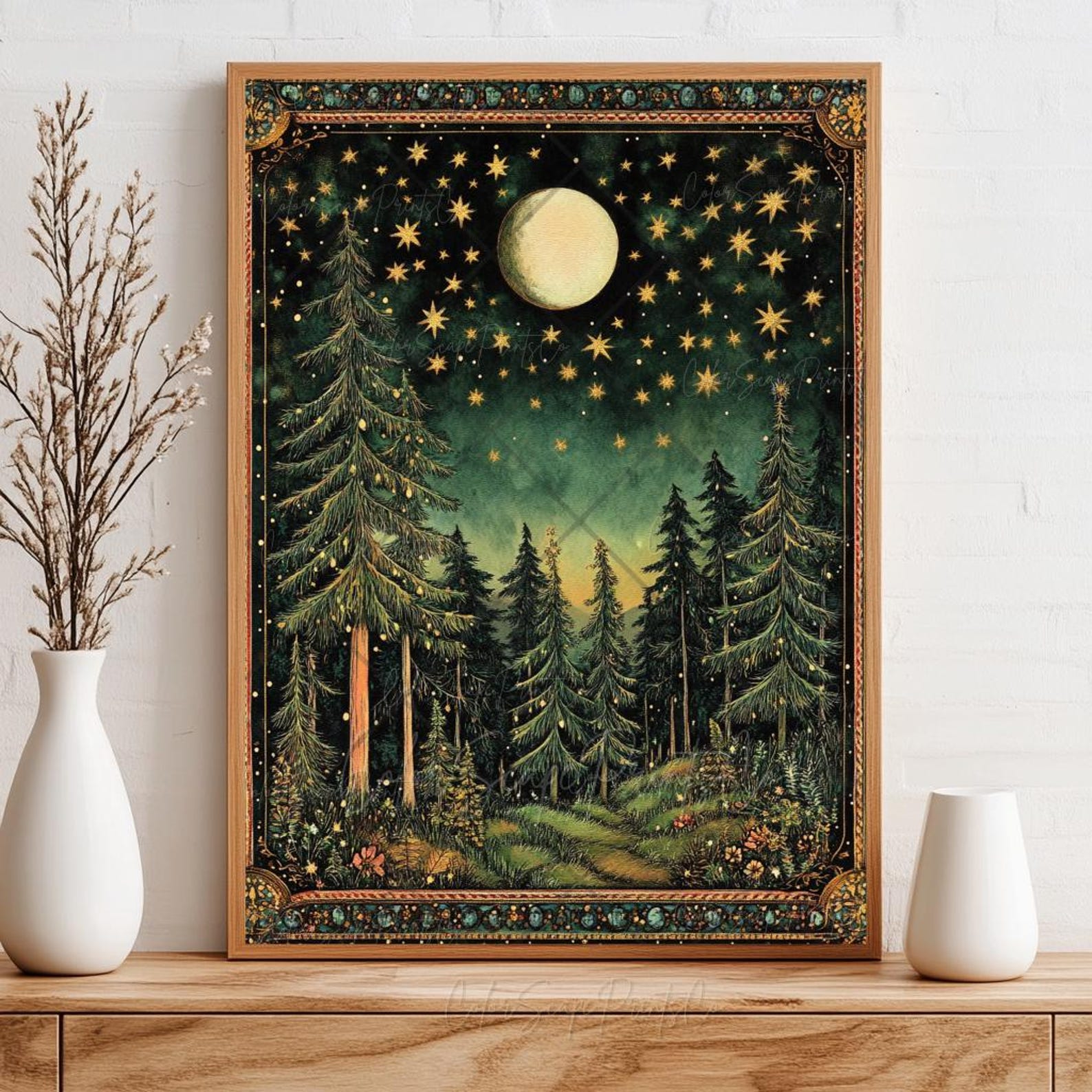 Moon and Stars Wall Art Dark Forest Painting Vintage Landscape Print ...