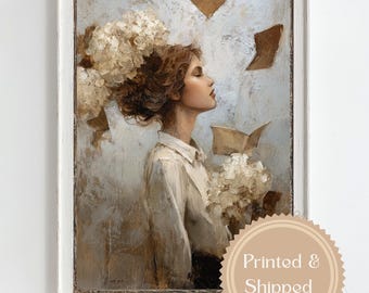 Ritratto vintage di donna lettrice, stampa neutra per amanti dei libri, decorazione con libri fluttuanti, decorazione per angolo lettura, decorazione da parete beige per camera da letto e ufficio.