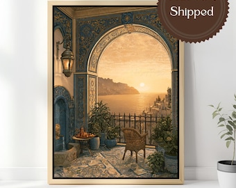 Vintage Mediterranean Balcony Print Mediterranean Coastal Sunset Canvas Wall Art Moroccan Terrace Seascape Blue Tile Palace Santorini View