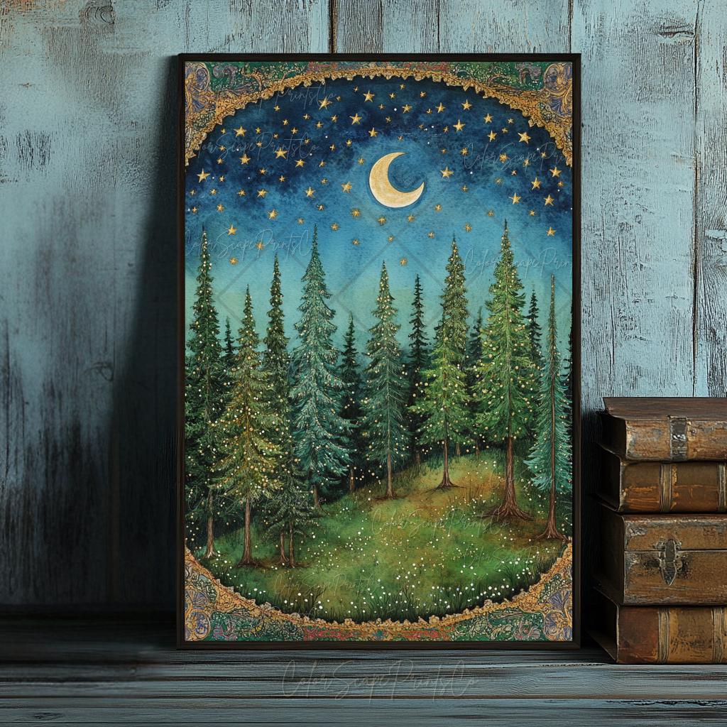 Moon and Stars Wall Art Dark Forest Painting Enchanted Night Print ...