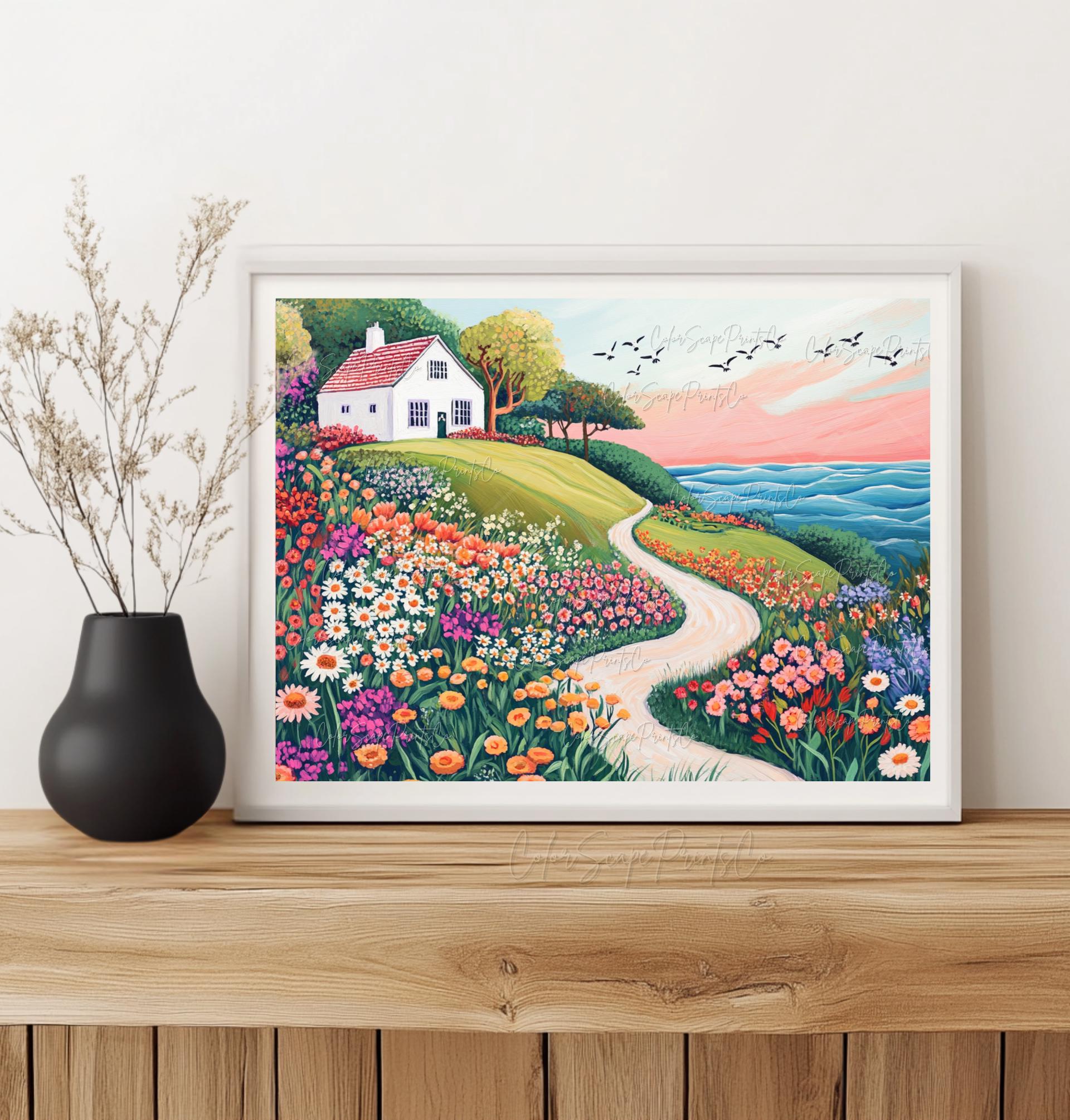 Coastal Cottage Wall Art Coastal Painting Summer Garden Painting ...