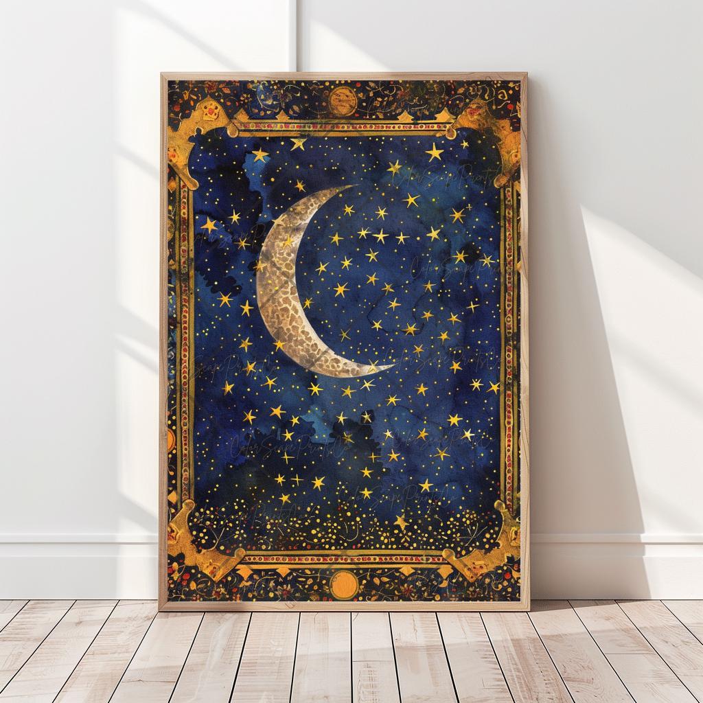 Moon and Stars Wall Art Celestial Painting Starry Night Sky Crescent ...