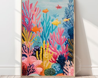 Stampa artistica da parete per bambini a tema oceano, con coloratissimi pesci della barriera corallina, vita marina sottomarina, decorazioni costiere per la cameretta dei bambini, arte da parete per la stanza dei giochi.