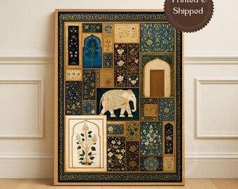 Mughal Botanical Elephant Canvas Wall Art Blue Gold Maximalist Indian Palace Decor Traditional Indian Textile Art Indian Wall Art Print