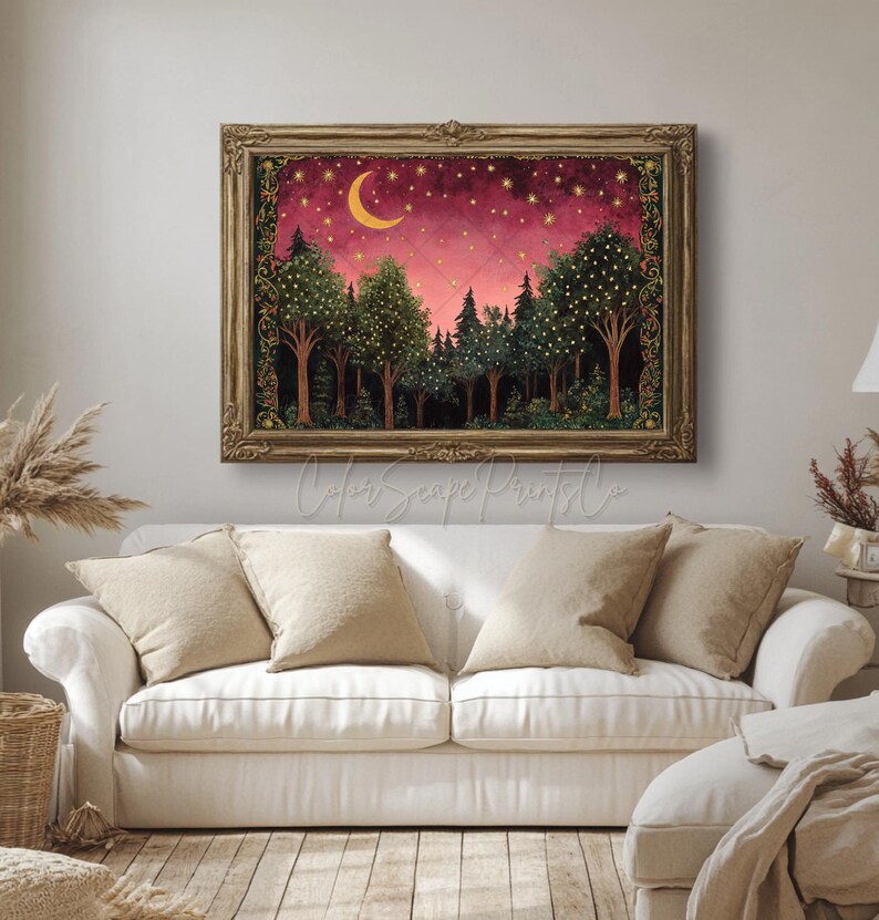 Moon and Stars Wall Art Enchanted Forest Firefly Painting Enchanted ...