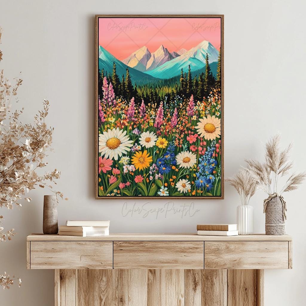 Wildflower Wall Art Mountain Painting Colorful Landscape Print ...
