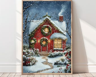Christmas House Painting Christmas Printable Art Christmas Village Wall Art Snowy House Print Winter Village House Art Girly Holiday Decor