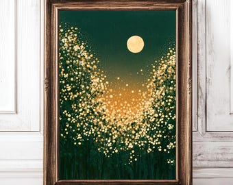Moonlit Forest Canvas Moody Dark Woodland Wall Art Green Gold Abstract Artwork Above Fireplace Living Room Decor