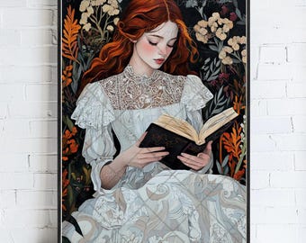 May include: A woman with long red hair sits in a field of flowers and reads a book. She is wearing a white dress with lace detailing. The book is open and has a dark cover.