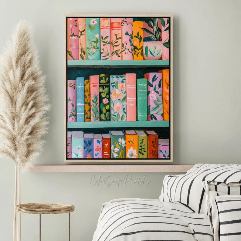 Whimsical Bookshelf Print Pink Bookstore Wall Art Book Stack Painting ...