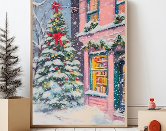 Winter Bookstore Art Print Printable Christmas Art New York Bookstore Poster Reading Nook Print Bookish Christmas Decor Reading Art Print